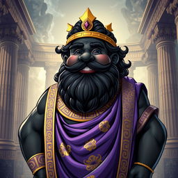 A chubby Greek god depicted with black, golden, and purple colors