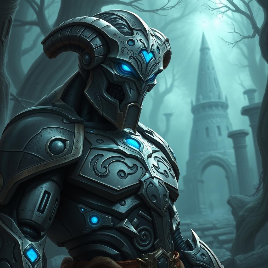 Create a detailed and dynamic avatar of a Warforged character from Dungeons & Dragons