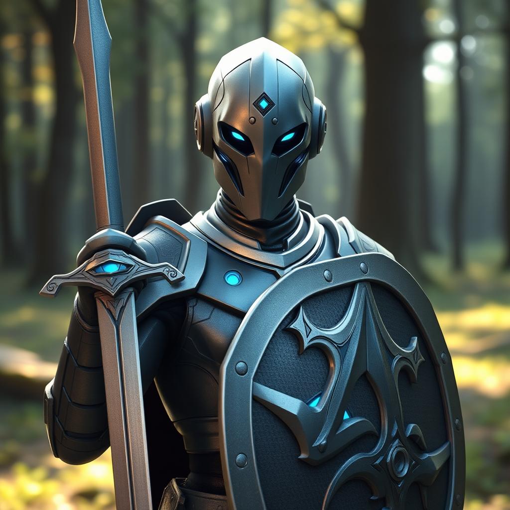 Create a peaceful and serene avatar of a Warforged character from Dungeons & Dragons, equipped with a sword and shield