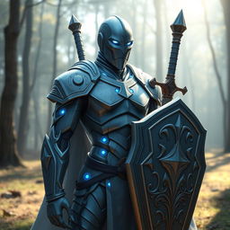 Create a peaceful and serene avatar of a Warforged character from Dungeons & Dragons, equipped with a sword and shield