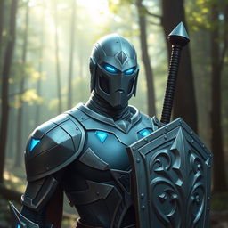 Create a peaceful and serene avatar of a Warforged character from Dungeons & Dragons, equipped with a sword and shield