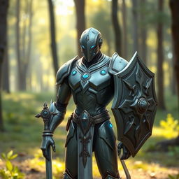 Create a peaceful and serene avatar of a Warforged character from Dungeons & Dragons, equipped with a sword and shield