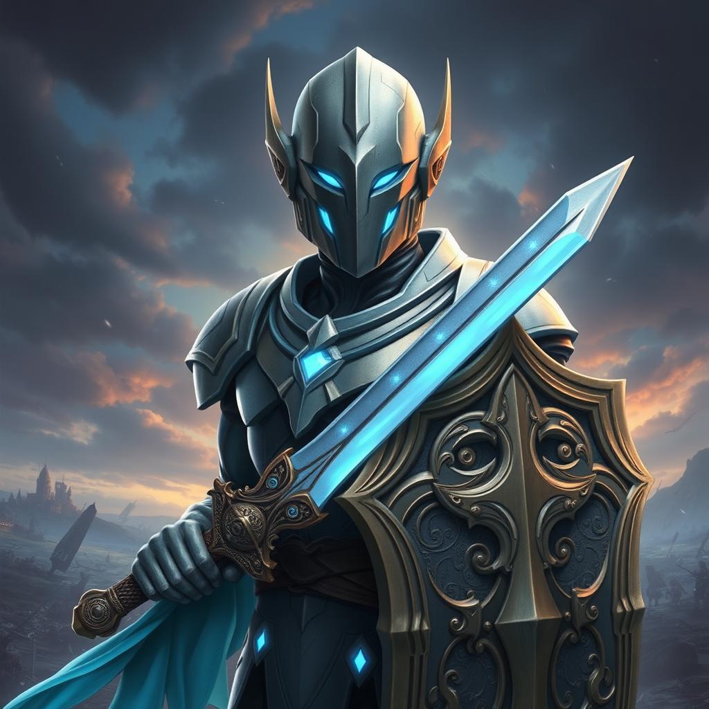 Create a peaceful and serene avatar of a Warforged character from Dungeons & Dragons, equipped with a sword and shield