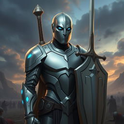 Create a peaceful and serene avatar of a Warforged character from Dungeons & Dragons, equipped with a sword and shield