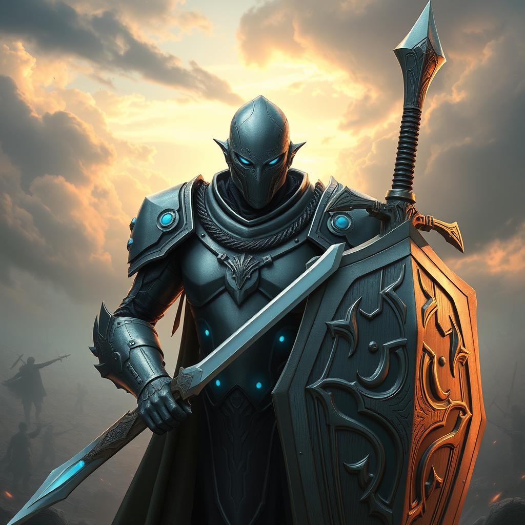 Create a peaceful and serene avatar of a Warforged character from Dungeons & Dragons, equipped with a sword and shield