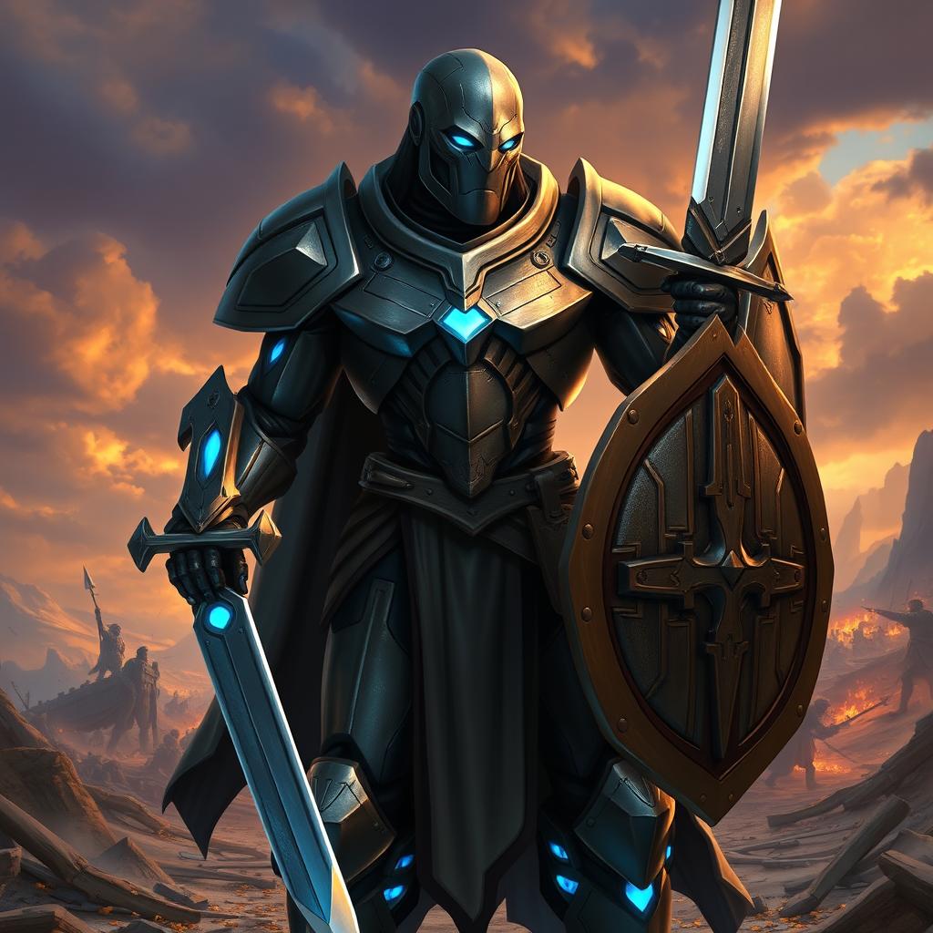 Create a detailed avatar of a Warforged character from Dungeons & Dragons, holding a sword in its right hand and a shield in its left hand