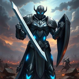 Create a detailed avatar of a Warforged character from Dungeons & Dragons, holding a sword in its right hand and a shield in its left hand