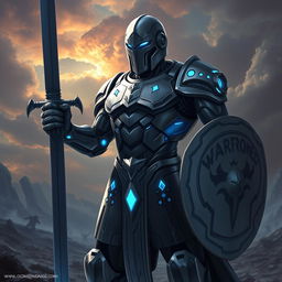 Create a detailed avatar of a Warforged character from Dungeons & Dragons, holding a sword in its right hand and a shield in its left hand