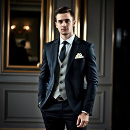 A well-dressed man in a stylish suit, standing confidently