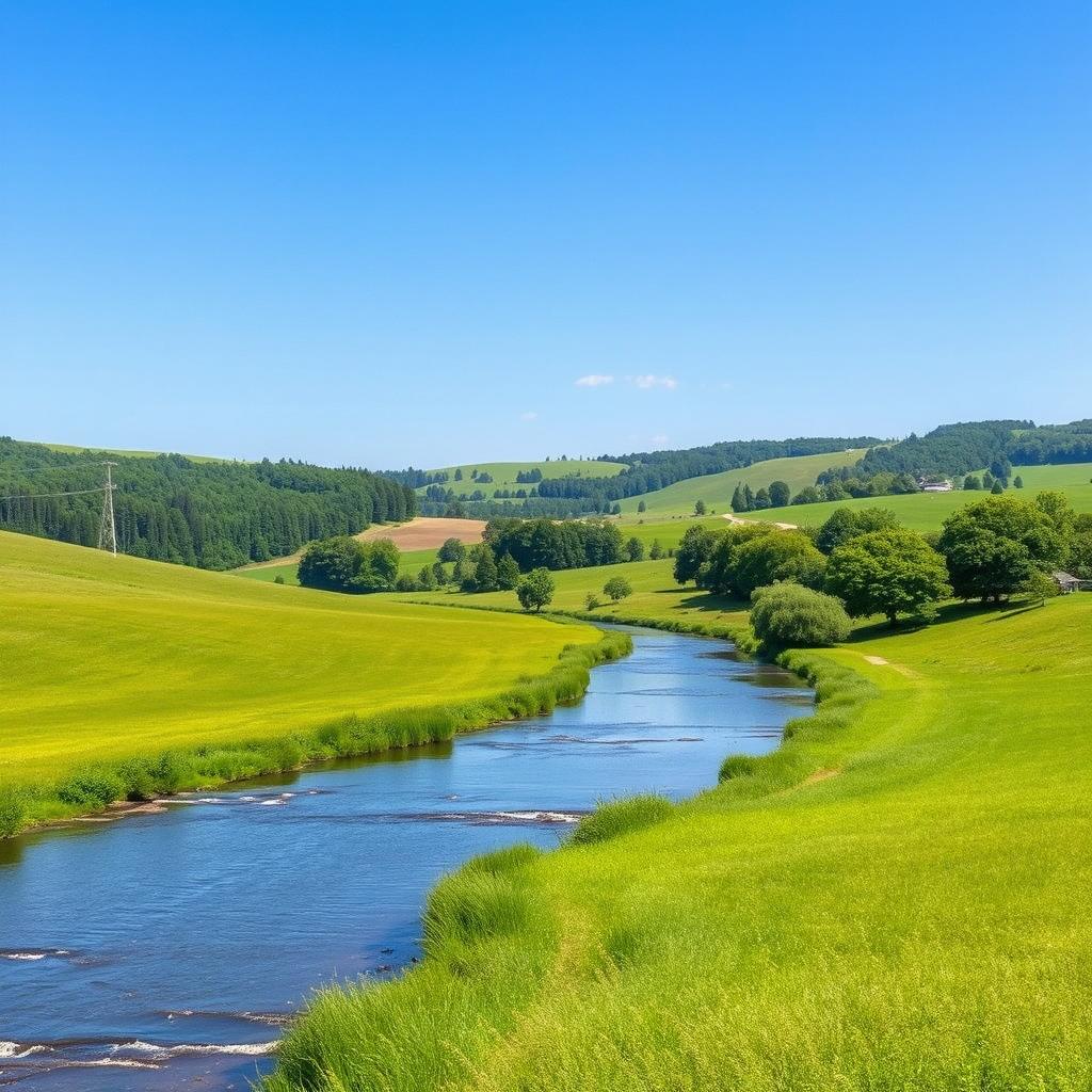 Create an image of a serene landscape with a clear blue sky, lush green fields, and a gentle river flowing through the middle