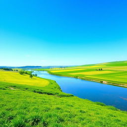 Create an image of a serene landscape with a clear blue sky, lush green fields, and a gentle river flowing through the middle