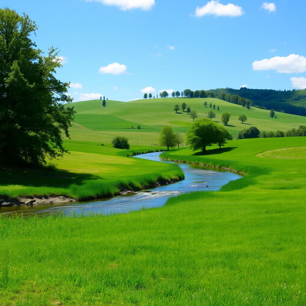 Create an image of a serene landscape with a clear blue sky, lush green fields, and a gentle river flowing through the middle