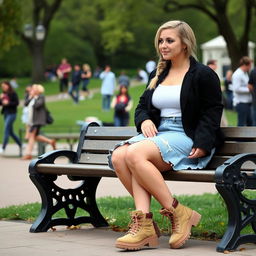 A curvy blonde woman with hair in a sexy plait is sitting on a bench in Hyde Park, near Speakers' Corner