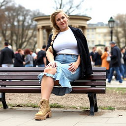 A curvy blonde woman with hair in a sexy plait is sitting on a bench in Hyde Park, near Speakers' Corner