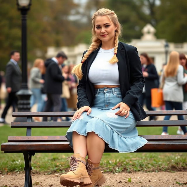 A curvy blonde woman with hair in a sexy plait is sitting on a bench in Hyde Park, near Speakers' Corner