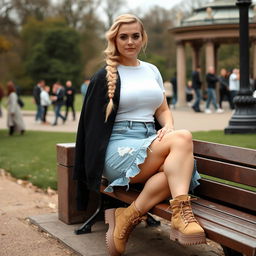 A curvy blonde woman with hair in a sexy plait is sitting on a bench in Hyde Park, near Speakers' Corner