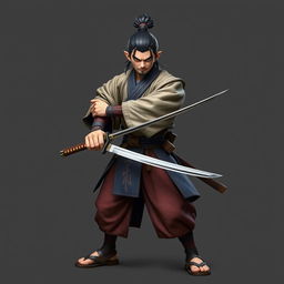 A full-body image of a ronin holding a katana, ready to attack