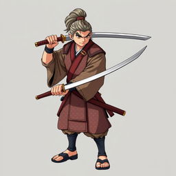 A full-body image of a ronin holding a katana, ready to attack