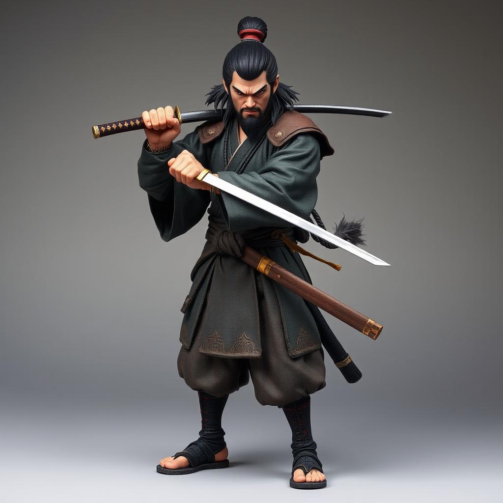 A full-body image of a ronin holding a katana, ready to attack