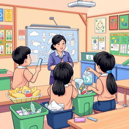 An illustration of an elementary school teacher in Indonesia teaching students how to sort plastic waste