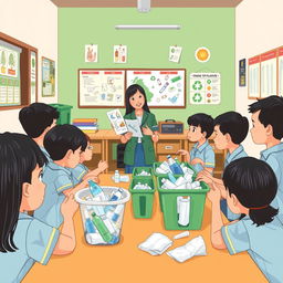 An illustration of an elementary school teacher in Indonesia teaching students how to sort plastic waste