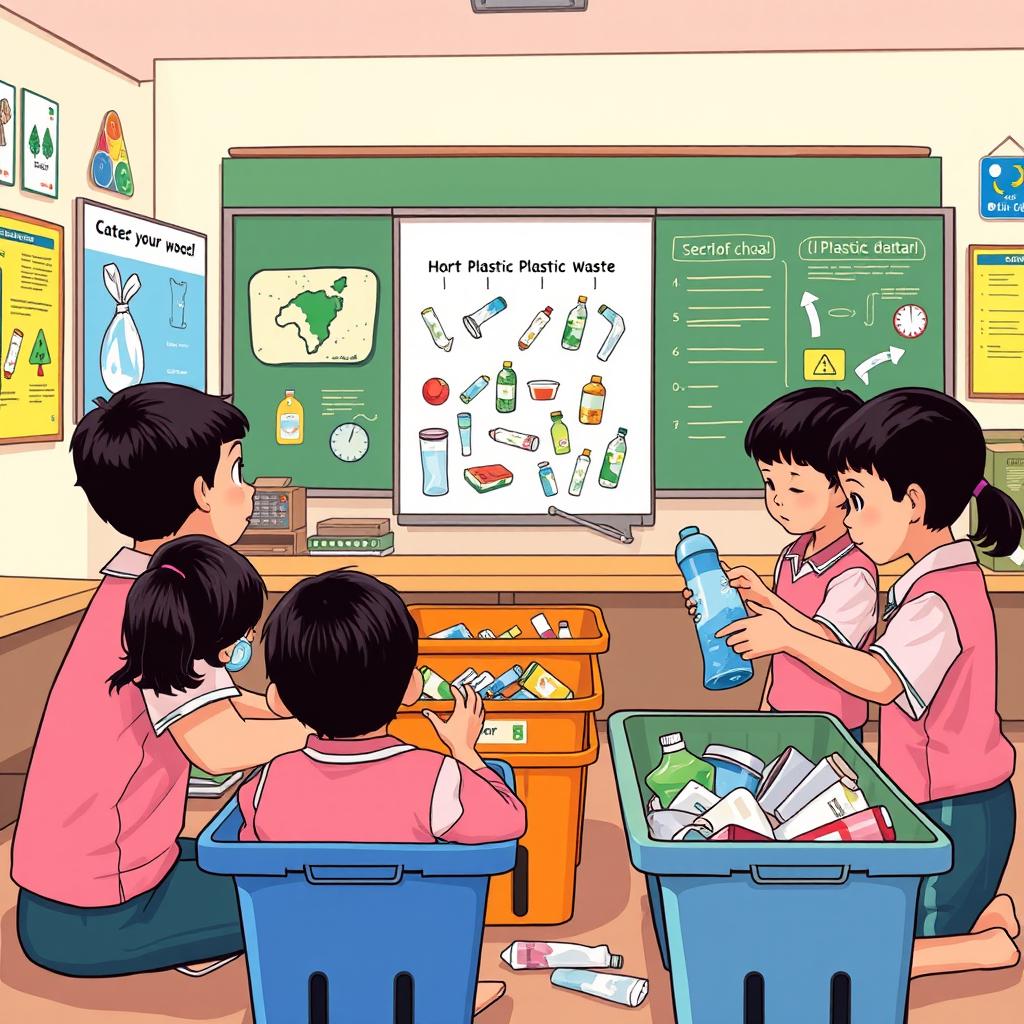 An illustration of an elementary school teacher in Indonesia teaching students how to sort plastic waste