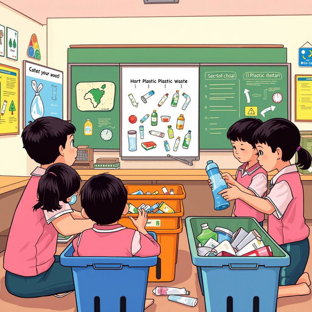 An illustration of an elementary school teacher in Indonesia teaching students how to sort plastic waste