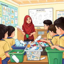 An illustration of an elementary school teacher in Indonesia teaching students how to sort plastic waste