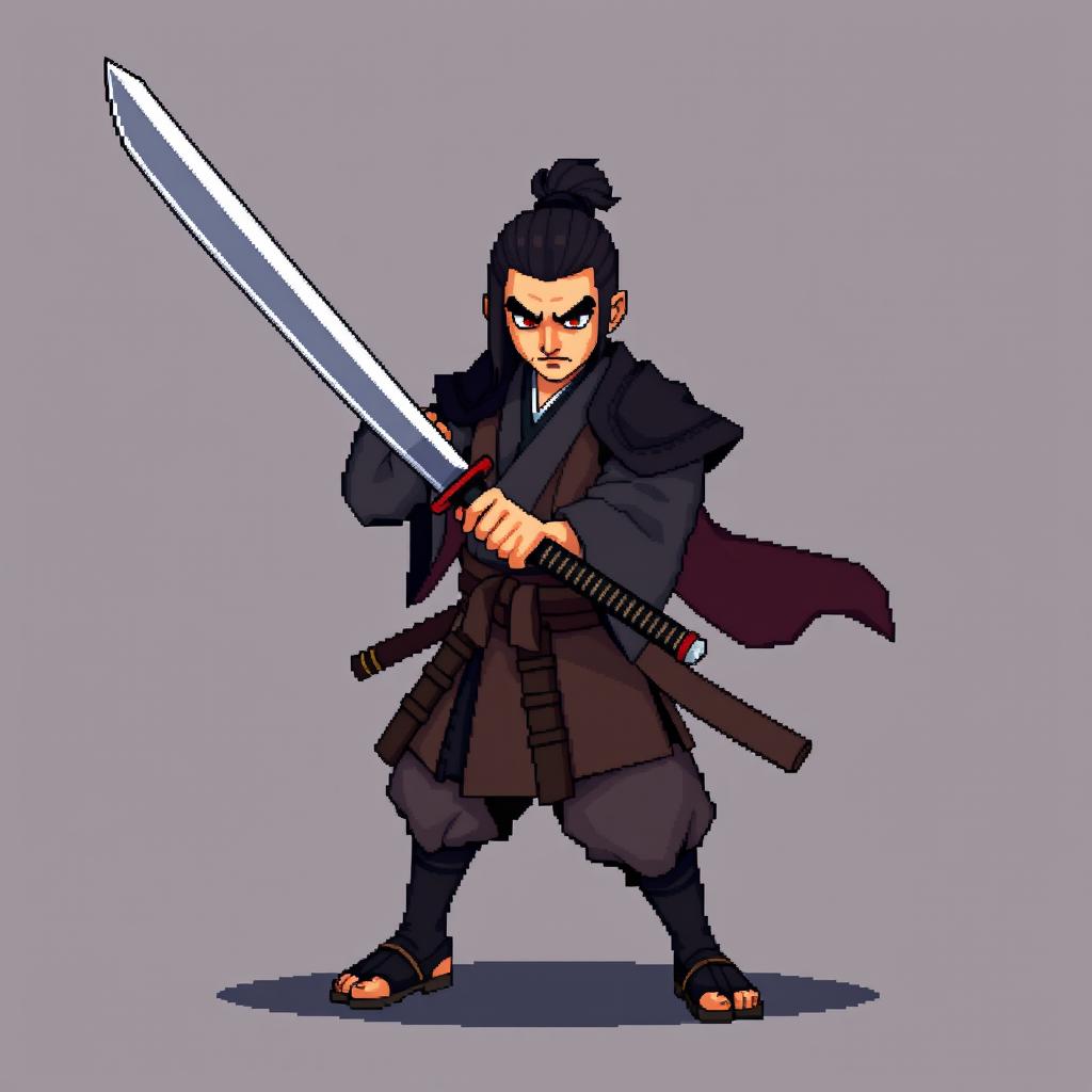 A full-body image of a ronin holding only a katana, ready to attack