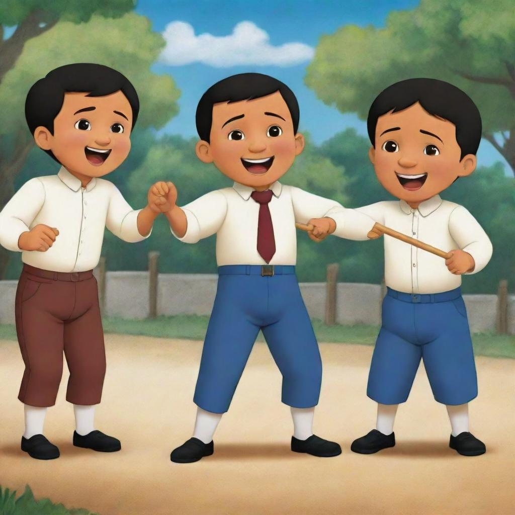 An animated scene depicting Jose Rizal and his siblings engaged in a lively game of 'Luksong Baka,' a traditional Filipino game, emanating laughter, camaraderie and timeless fun.