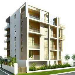 A detailed 3D elevation view of a 3BHK (3 bedrooms, hall, kitchen) modern apartment building with impressive architectural design.