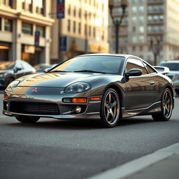 A detailed and realistic image of a 2000 Mitsubishi Eclipse with staggered 18-inch wheels