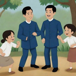 An animated scene depicting Jose Rizal and his siblings engaged in a lively game of 'Luksong Baka,' a traditional Filipino game, emanating laughter, camaraderie and timeless fun.