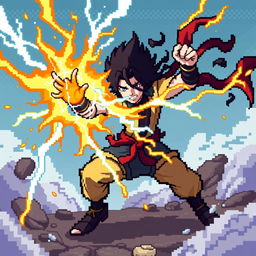 Create a pixel art image of Zenitsu Agatsuma from Demon Slayer performing the Thunder Breathing technique