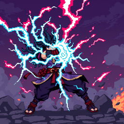 Create a pixel art image of Zenitsu Agatsuma from Demon Slayer performing the Thunder Breathing technique