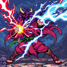 Create a pixel art image of Zenitsu Agatsuma from Demon Slayer performing the Thunder Breathing technique