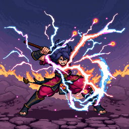 Create a pixel art image of Zenitsu Agatsuma from Demon Slayer performing the Thunder Breathing technique