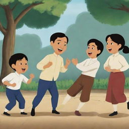 An animated scene depicting Jose Rizal and his siblings engaged in a lively game of 'Luksong Baka,' a traditional Filipino game, emanating laughter, camaraderie and timeless fun.