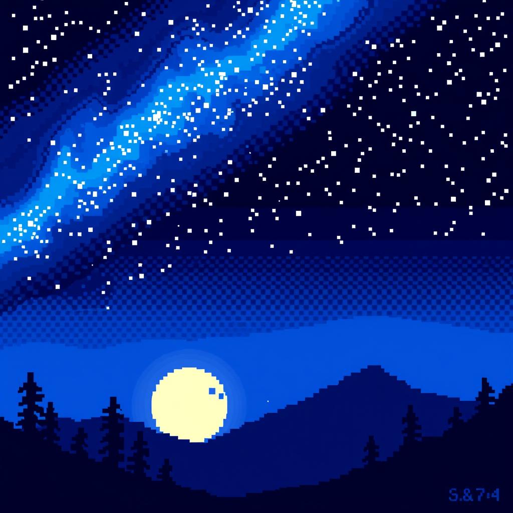 Create a pixel art image of a nighttime landscape