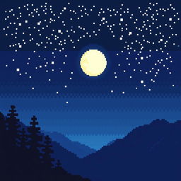 Create a pixel art image of a nighttime landscape