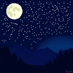 Create a pixel art image of a nighttime landscape