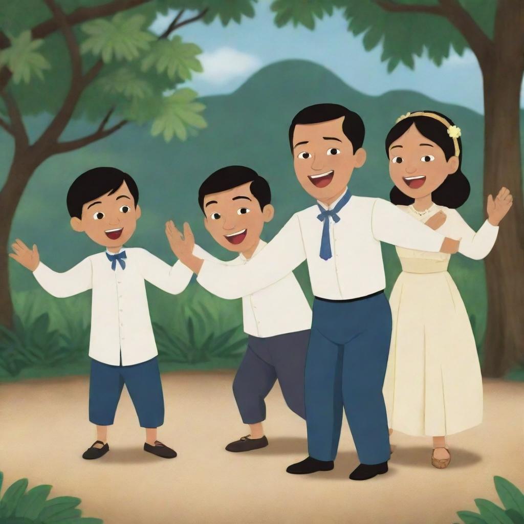 An animated scene depicting Jose Rizal and his siblings engaged in a lively game of 'Luksong Baka,' a traditional Filipino game, emanating laughter, camaraderie and timeless fun.