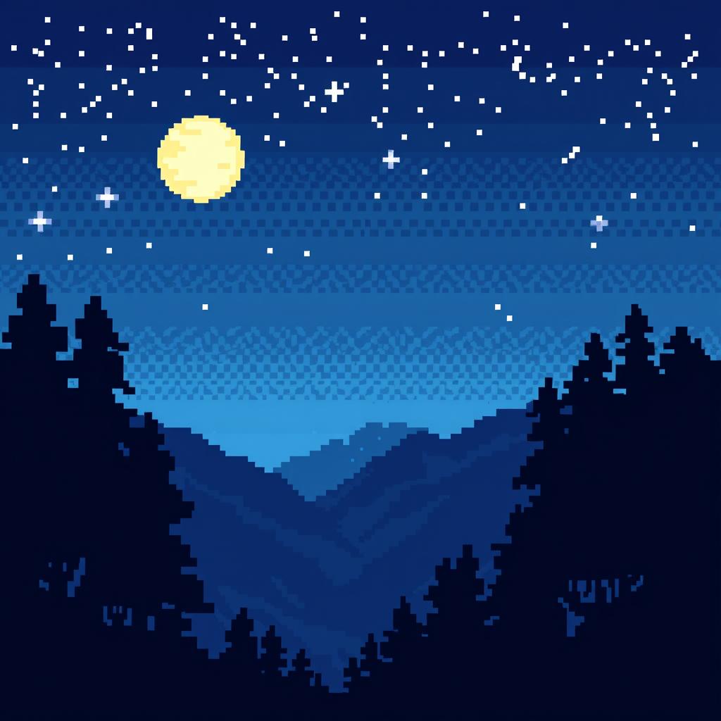 Create a pixel art image of a nighttime landscape