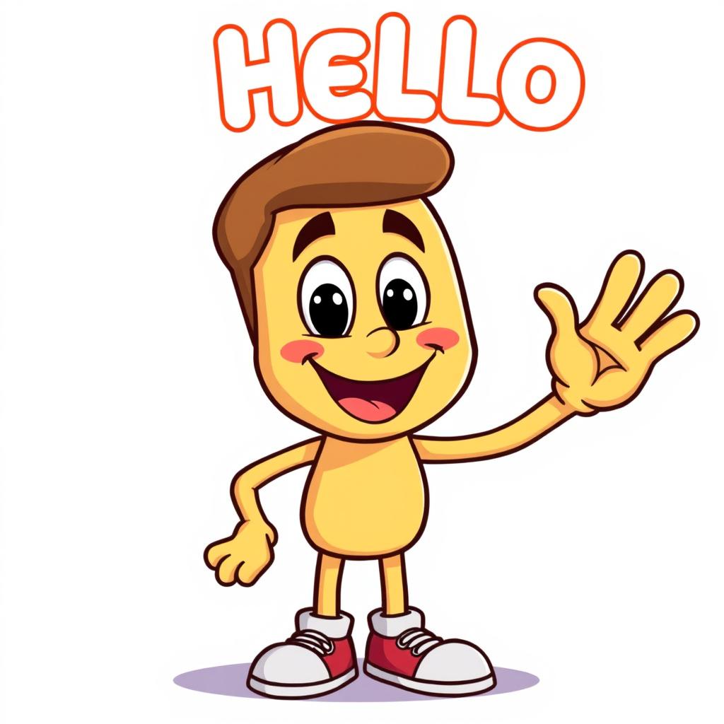 Generate an image of a friendly and happy cartoon character waving hello