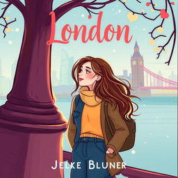 Illustrate the cover of a romance novel where Jessica moves to London after a breakup and meets Evan, a younger boy with whom she quickly forms a friendship