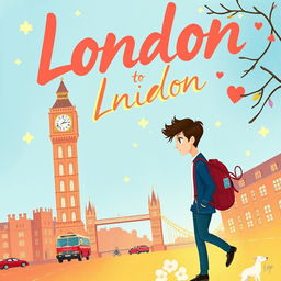 Illustrate the cover of a romance novel where Jessica moves to London after a breakup and meets Evan, a younger boy with whom she quickly forms a friendship