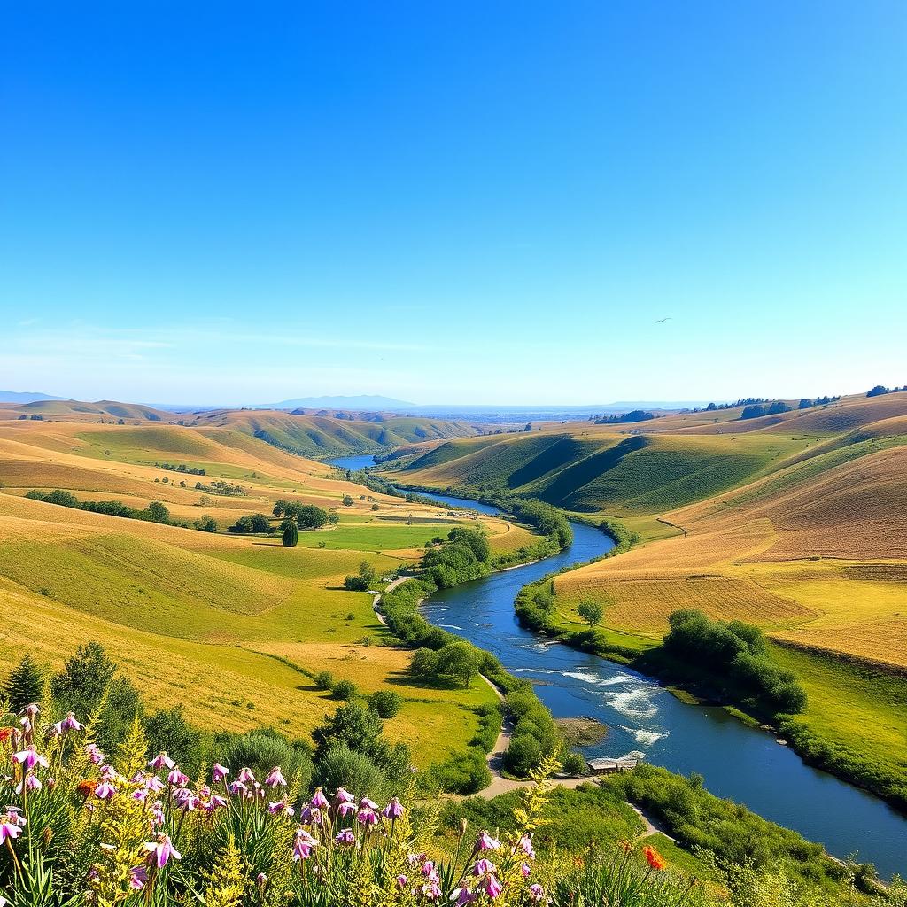 A beautiful landscape with rolling hills, a clear blue sky, and a serene river flowing through a lush green valley