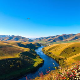 A beautiful landscape with rolling hills, a clear blue sky, and a serene river flowing through a lush green valley