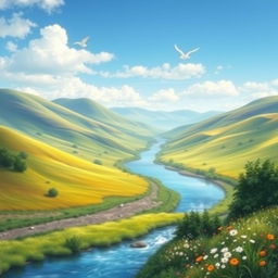 A beautiful landscape with rolling hills, a clear blue sky, and a serene river flowing through a lush green valley