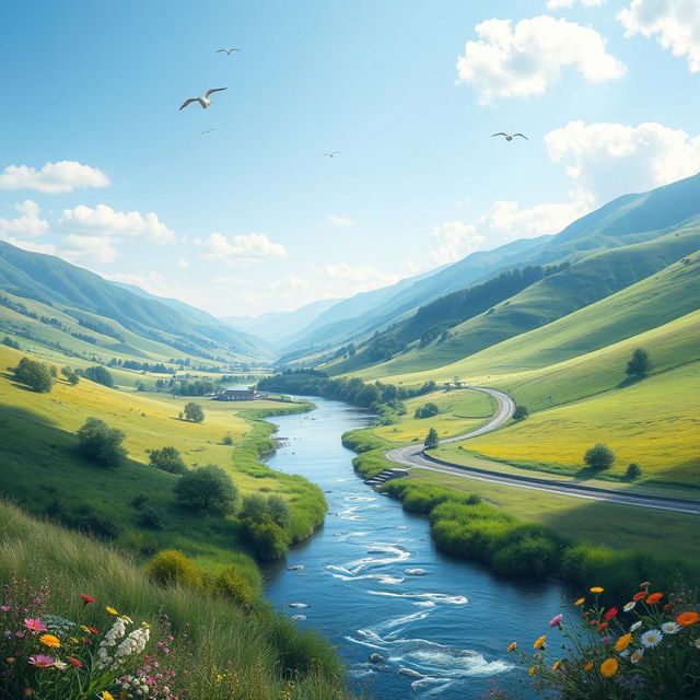 A beautiful landscape with rolling hills, a clear blue sky, and a serene river flowing through a lush green valley